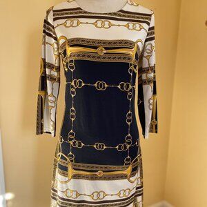 JB by JULIE BROWN Black and Gold chain sheath long sleeve dress S